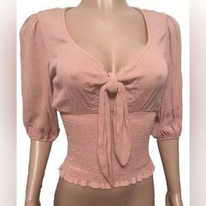 Muted Pink Smocked Tie Bust Keyhole Top S NWTs Puff Sl Peasant Gypsy Festival